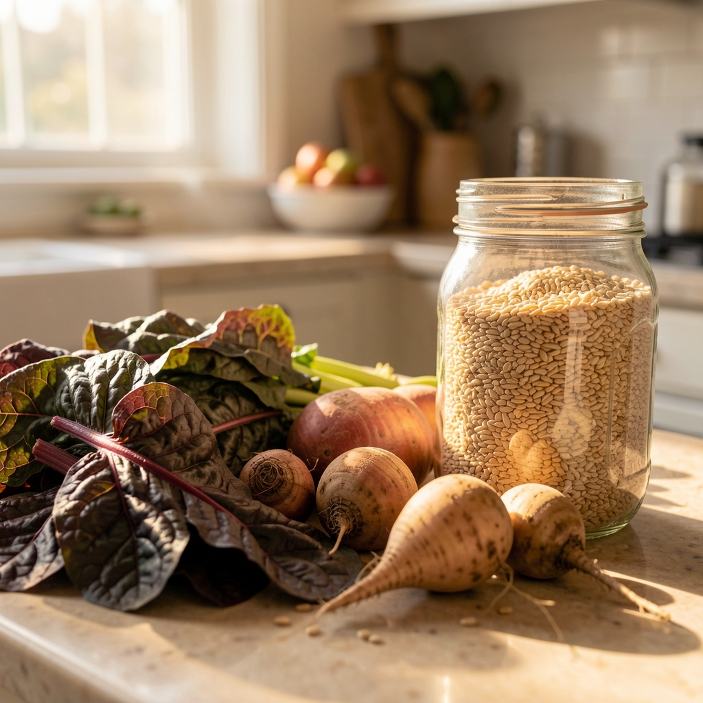 Close-up of seasonal produce on a kitchen counter including dark leafy greens, root vegetables and a glass jar of grains in warm morning light